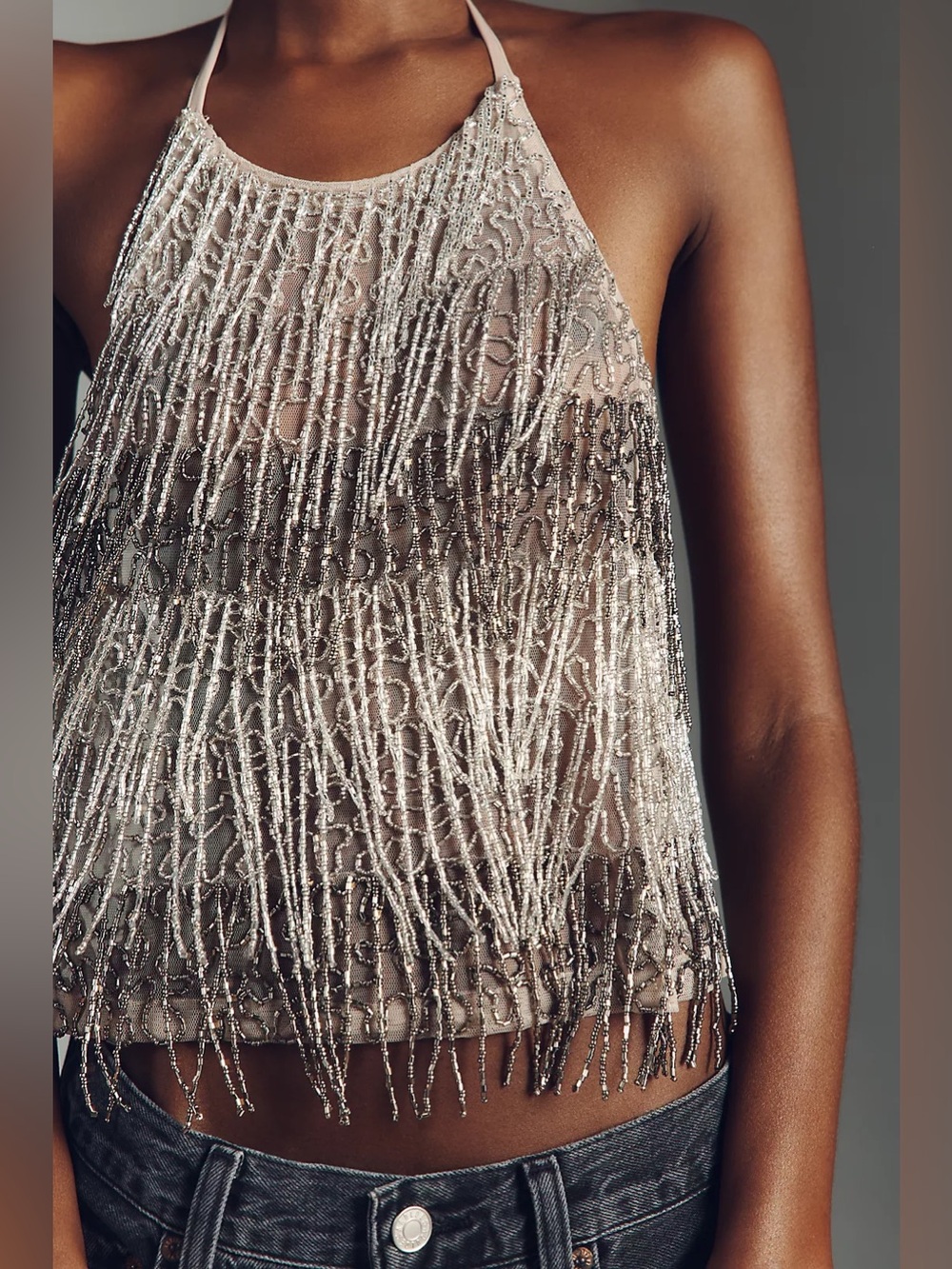 ANTHROPOLOGIE Fringe Beaded Halter Cami Size XS/S in Gold - Picture 2 of 9